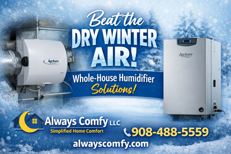 Whole-house humidifier installed by Always Comfy LLC to improve indoor air quality and comfort during dry New Jersey winter months.”