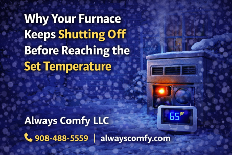 Always Comfy LLC branded blog image showing a furnace and thermostat during winter, illustrating why a furnace may shut off before reaching the set temperature in New Jersey homes.