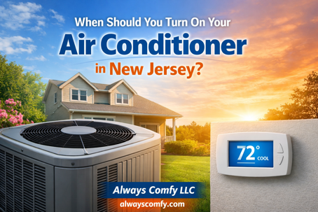 Air conditioning unit outside a suburban home with thermostat showing cooling mode – spring AC tips from Always Comfy LLC in Central New Jersey