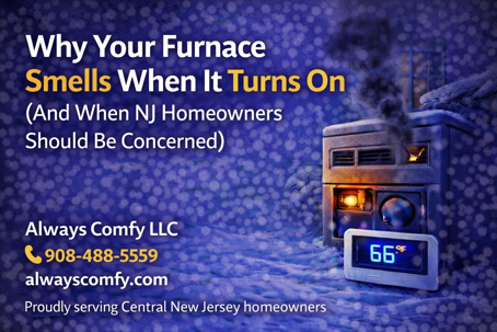 Always Comfy LLC branded blog image showing a furnace running in winter with a thermostat reading 66°F, explaining why a furnace may smell when it turns on and when New Jersey homeowners should be concerned.