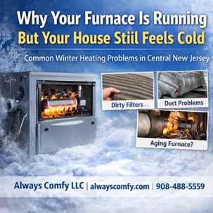 Branded Always Comfy LLC blog image showing a gas furnace with winter background and text reading “Why Your Furnace Is Running But Your House Still Feels Cold,” highlighting common Central New Jersey heating issues like dirty filters, duct problems, and ag