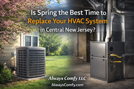 Spring HVAC replacement planning in Central New Jersey showing an outdoor air conditioner beside a home with cherry blossoms and a gas furnace installed in a basement, Always Comfy LLC – alwayscomfy.com