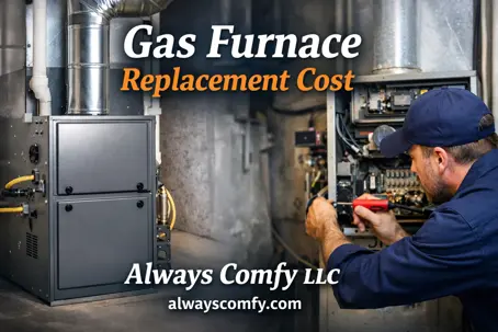 Gas furnace replacement cost guide featuring a modern residential gas furnace and HVAC technician, by Always Comfy LLC serving Central New Jersey homeowners – alwayscomfy.com