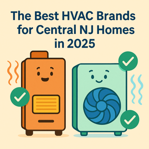 A lighthearted illustrated graphic featuring a smiling orange furnace and a happy blue heat pump side by side, with checkmark icons showing approval. The title “The Best HVAC Brands for Central NJ Homes in 2025” appears above them in bold text. Warm and co