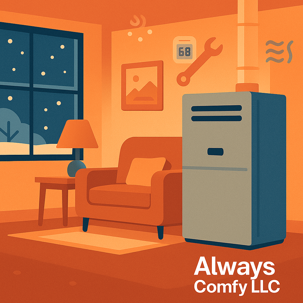 Cozy New Jersey home in winter with a modern gas furnace and warm indoor lighting, illustrating heating tips and furnace tune-up recommendations by Always Comfy LLC