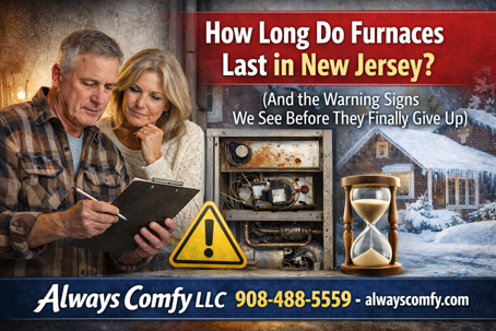Older New Jersey homeowners reviewing furnace replacement options next to an aging gas furnace, illustrating warning signs of failure and residential furnace lifespan, by Always Comfy LLC in Central New Jersey.