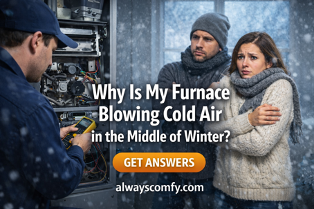 HVAC technician inspecting a gas furnace while a cold New Jersey couple stands indoors during winter, illustrating a furnace blowing cold air issue.