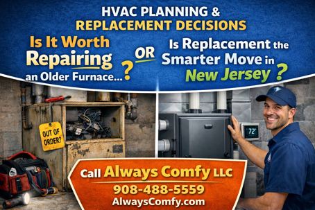 Side-by-side image showing an old, rusted gas furnace and a new high-efficiency furnace in a New Jersey home, illustrating the decision between furnace repair or replacement, branded with Always Comfy LLC contact information for Central New Jersey homeowne