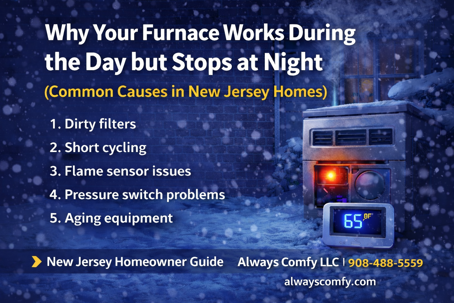 Always Comfy LLC branded blog image showing a furnace and thermostat reading 65°F on a cold winter night, illustrating why a furnace may work during the day but stop at night in New Jersey homes.