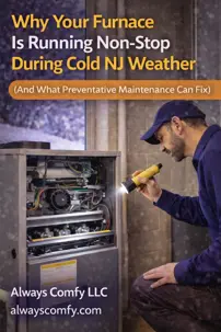 Always Comfy LLC branded image showing an HVAC technician inspecting a residential gas furnace during cold New Jersey weather, explaining why furnaces may run continuously and how preventative maintenance helps.
