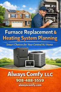 Branded image for Always Comfy LLC showing a home with solar panels, a furnace and heat pump system, and a thermostat, promoting furnace replacement and heating system planning in Central New Jersey. Call 908-488-5559 or visit alwayscomfy.com.
