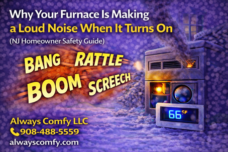 Always Comfy LLC branded blog image showing a furnace and thermostat in winter, illustrating why a furnace may make a loud noise when it turns on and when New Jersey homeowners should be concerned.