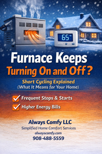 Always Comfy LLC branded graphic showing a gas furnace turning on and off in winter, explaining furnace short cycling, frequent stops and starts, higher energy bills, with alwayscomfy.com and 908-488-5559 displayed.