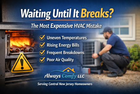 HVAC technician inspecting a home system with warning signs about costly breakdowns, from Always Comfy LLC in Central New Jersey.